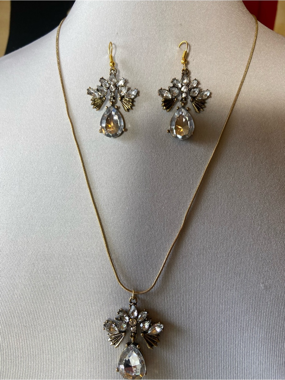 Gold-Tone Clear Crystal Teardrop Necklace and Earring Set